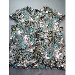 LANE BRYANT RUFFLE‎ BUTTON FRONT PAISLEY BLOUSE-TEAL/GREEN/BROWN- Sz 26-28 S/S